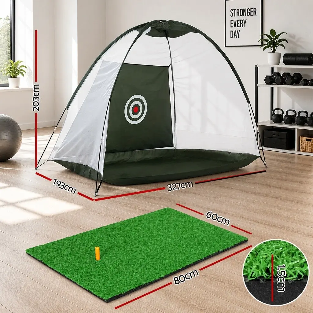 Golf Practice Net and Training Mat Set Indoor Outdoor Lightweight Portable Dark Green Green
