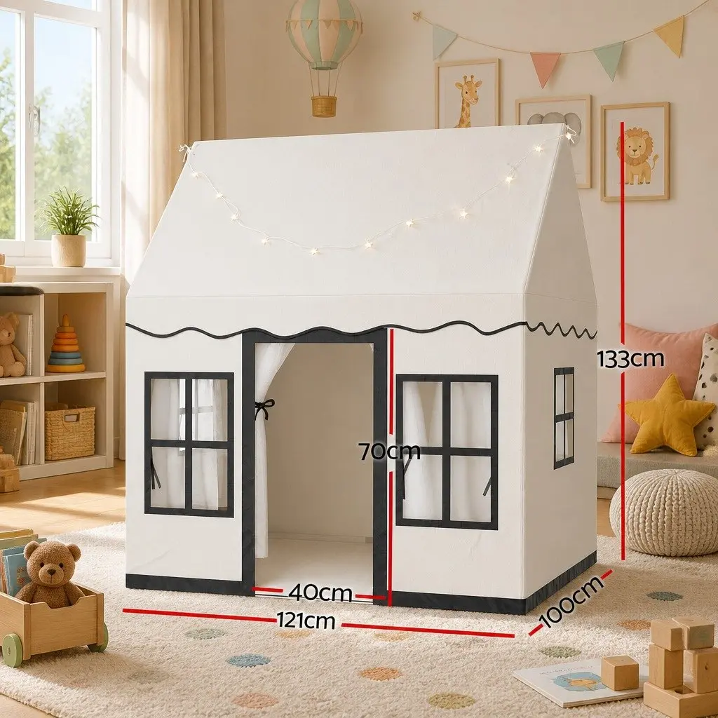 Kids Play Tent Castle Playhouse with String Lights Floor Mat Side Pocket White