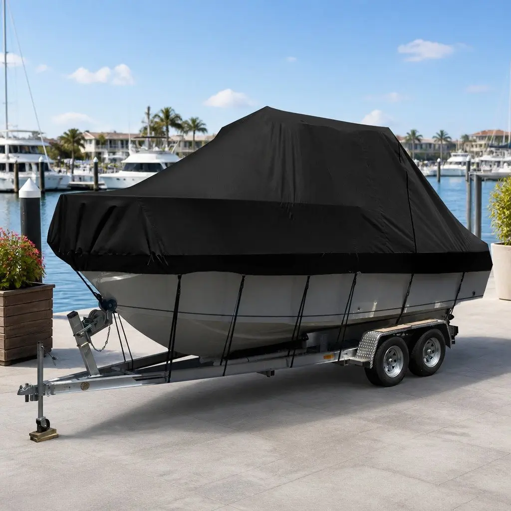 Boat Cover Heavy Duty 600D Polyester 25-27ft Black Trailerable Water Resistant