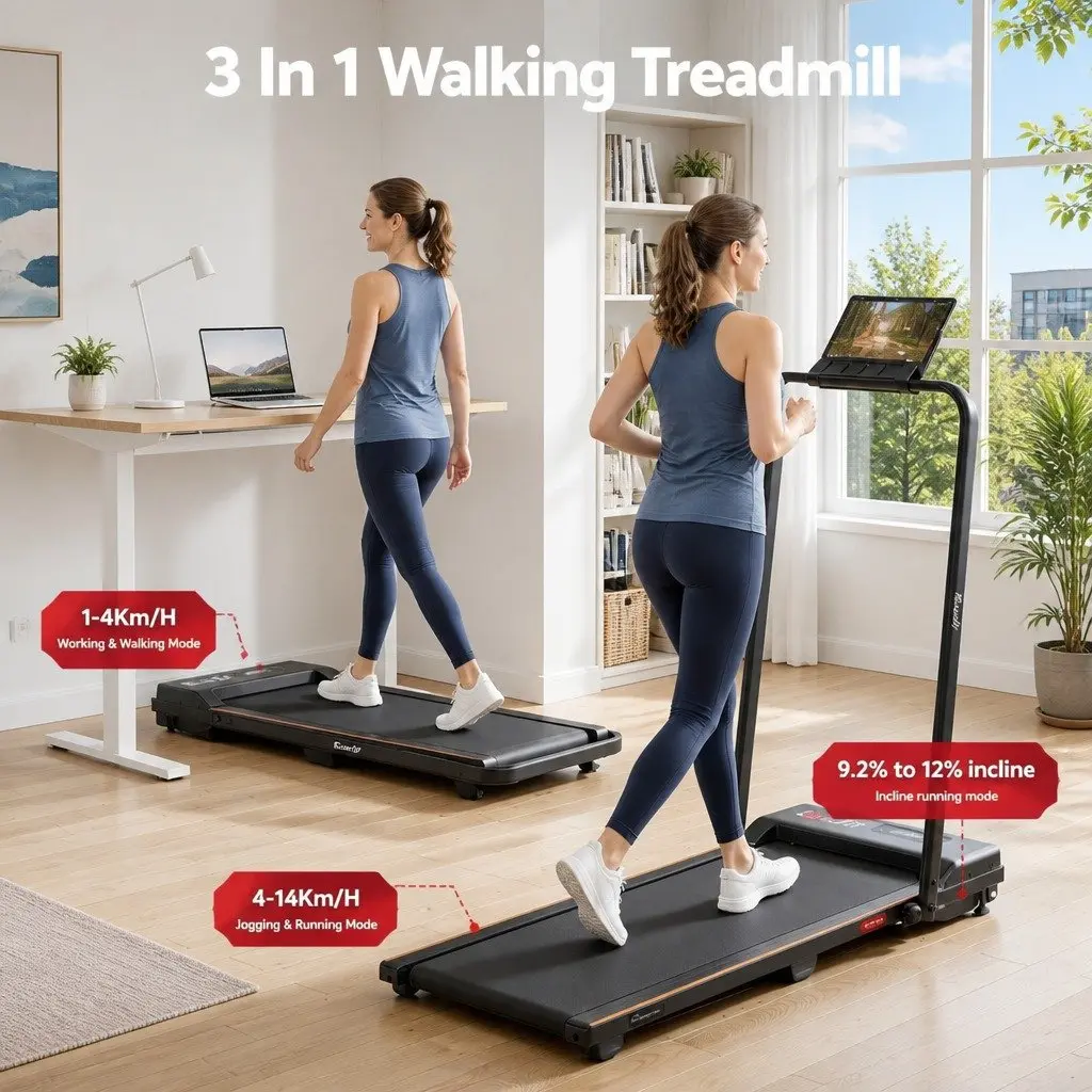Walking Pad Treadmill 3-in-1 Functionality 12% Incline Compact Under Desk Home Gym Machine