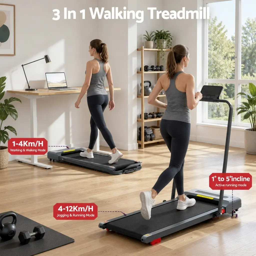 Electric Treadmill Compact Foldable Under Desk Incline 380mm Grey