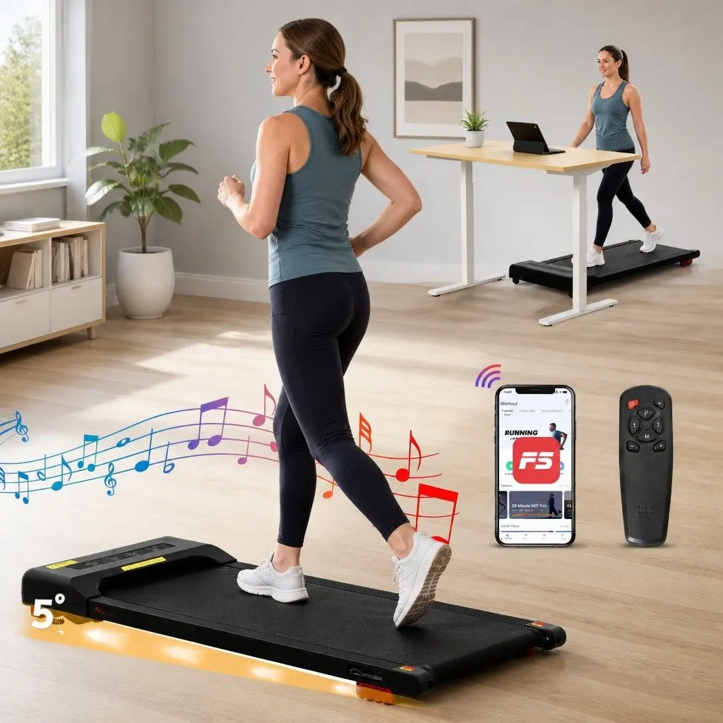 Electric Treadmill Compact Under Desk 380mm Black Adjustable Incline