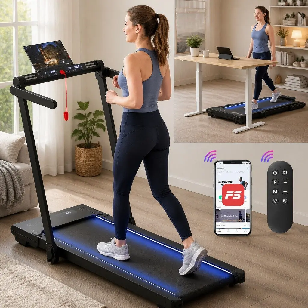 3-in-1 Walking Pad Treadmill LED Lights Foldable Under Desk Home Gym 40cm Belt