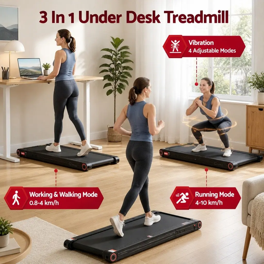 4-in-1 Walking Pad Treadmill Compact Under Desk Home Gym Machine Black