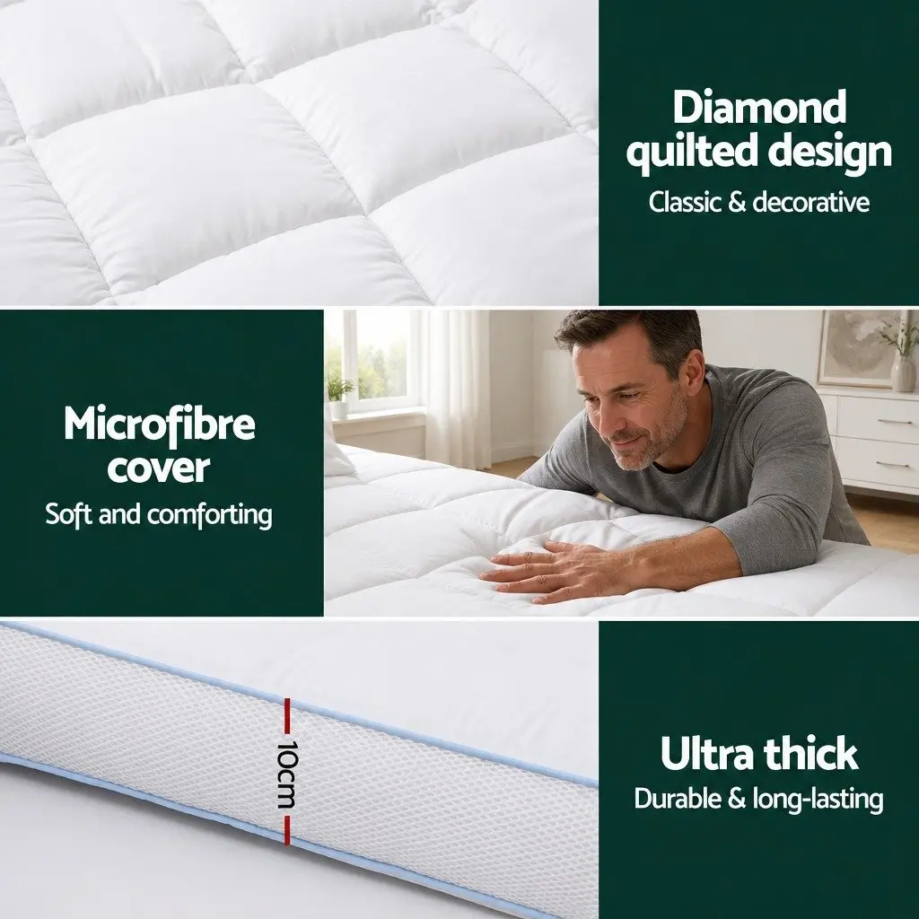 Pillowtop Mattress Topper 10cm Thick Double Bed Pad White Cooling Microfibre Cover