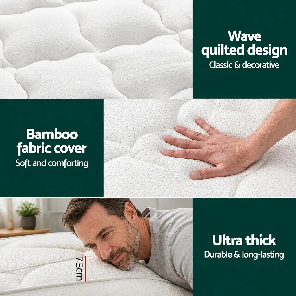 Mattress Topper Pillowtop 7.5cm Thick Queen Bamboo Cover Washable