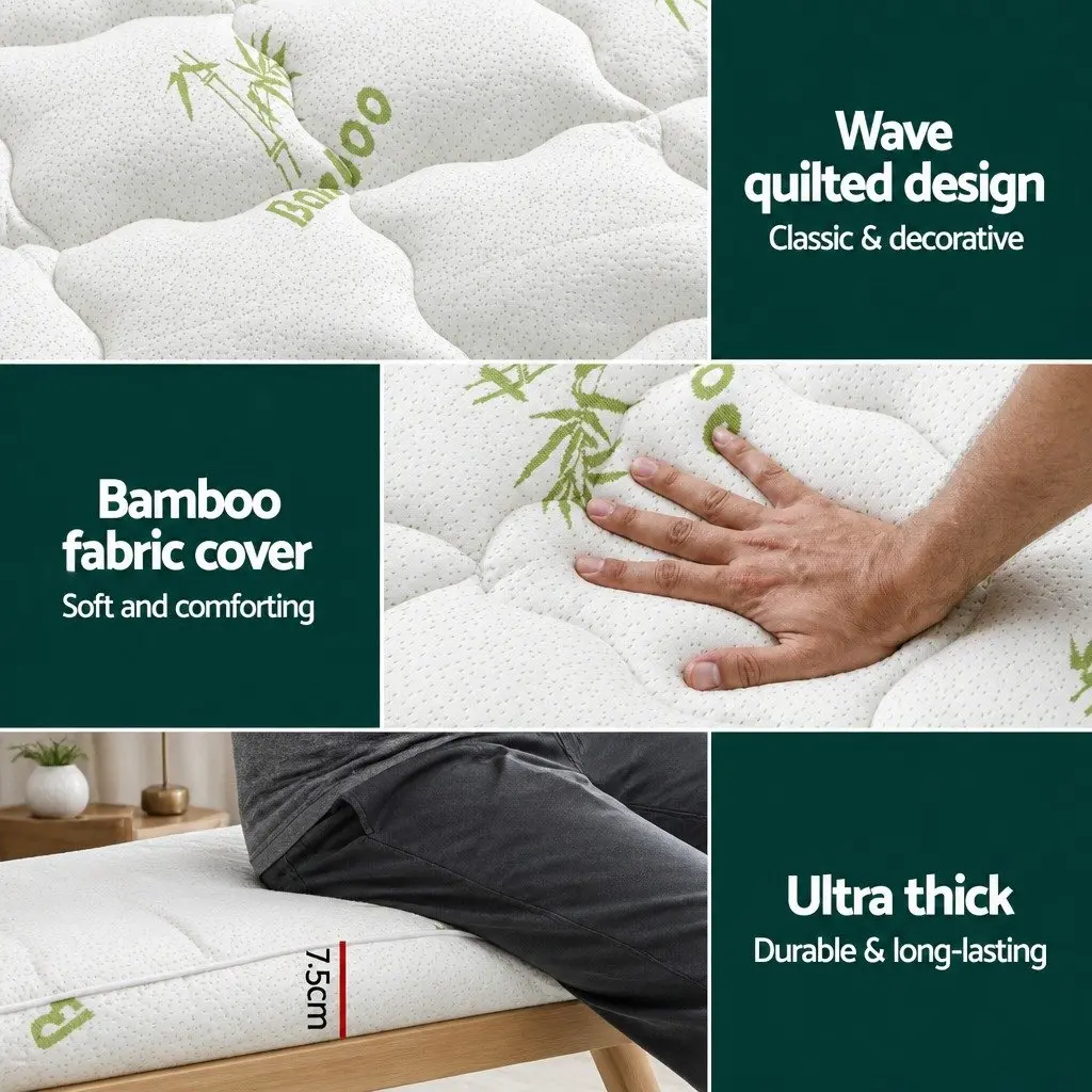 Mattress Topper Pillowtop 7.5cm Single Bed Bamboo Cover White