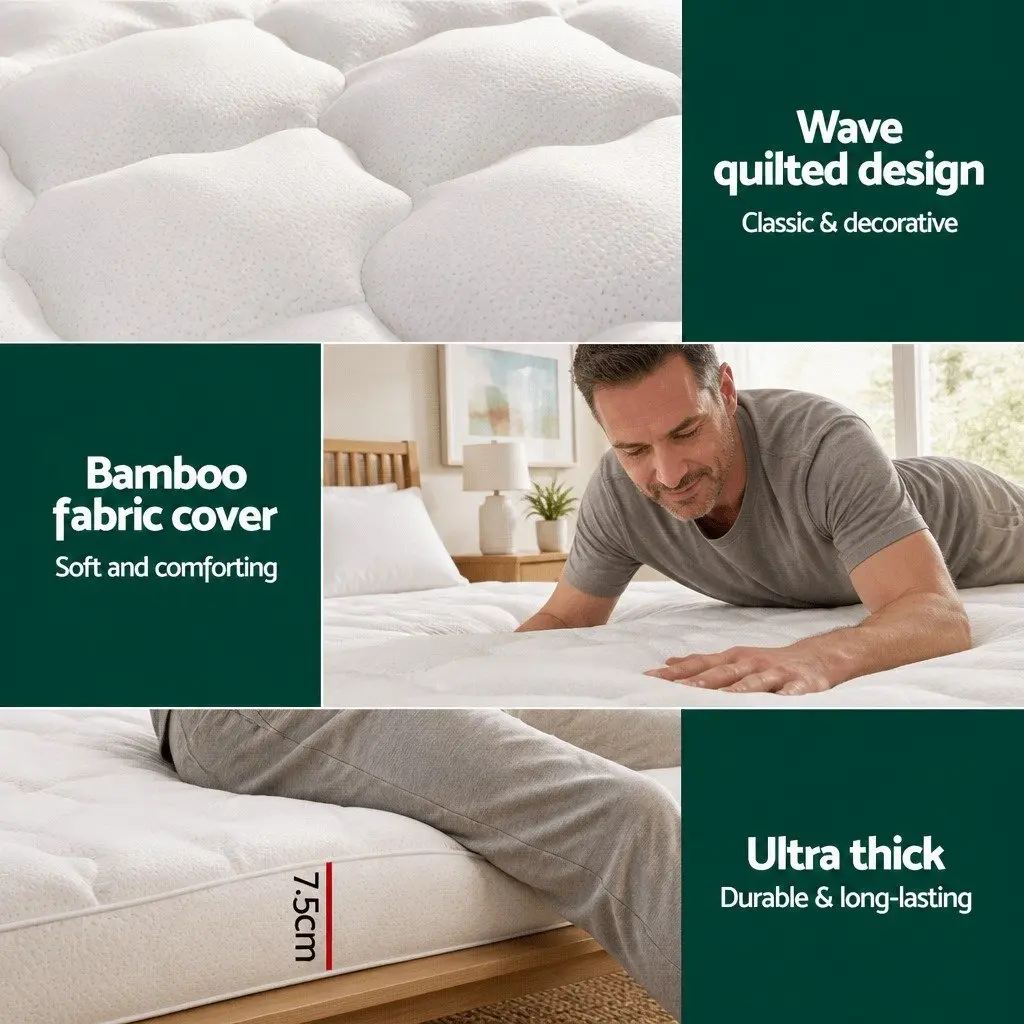 Mattress Topper Pillowtop 7.5cm Single Bed Bamboo Cover White