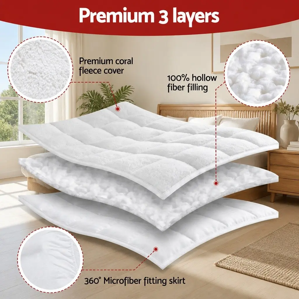 Mattress Topper 5cm Coral Fleece King Single White