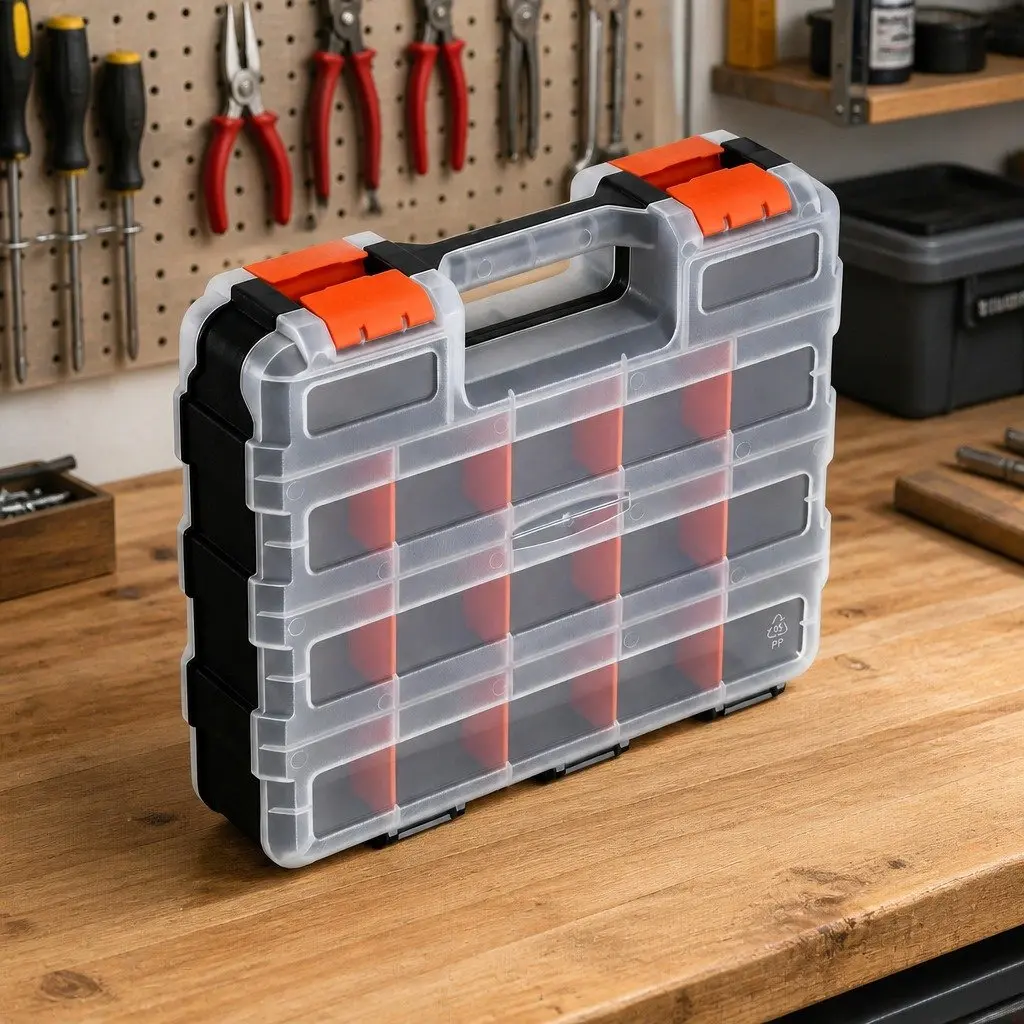 Double Sided Tool Box Organizer 34 Compartment Adjustable Storage Black and Orange