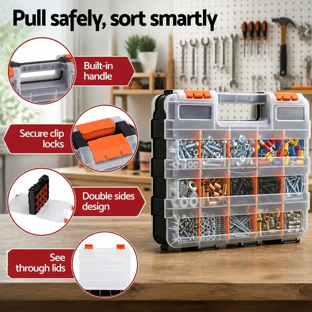 Double Sided Tool Box Organizer 34 Compartment Adjustable Storage Black and Orange