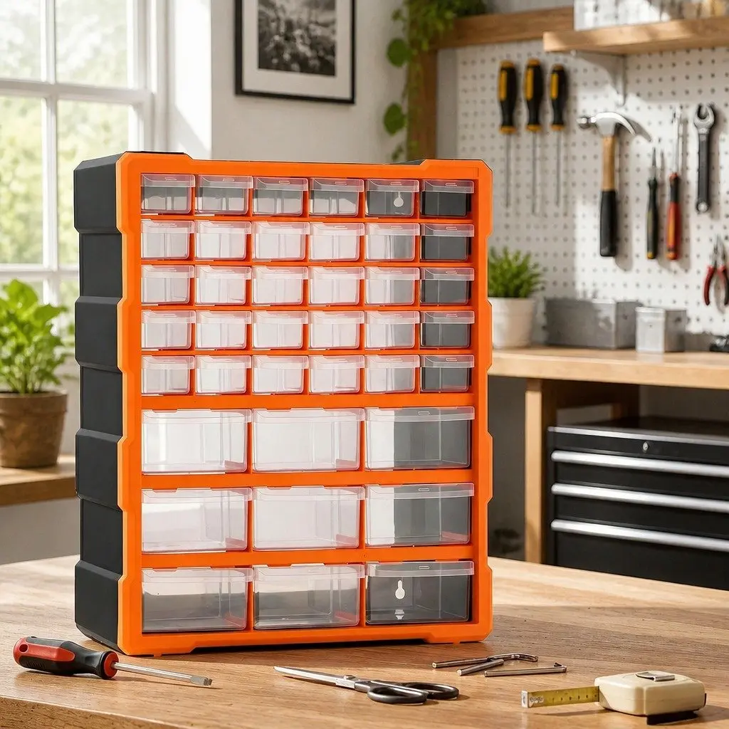 39-Drawer Tool Storage Cabinet Organizer Anti-Drop Transparent Drawers Black with Orange Accents