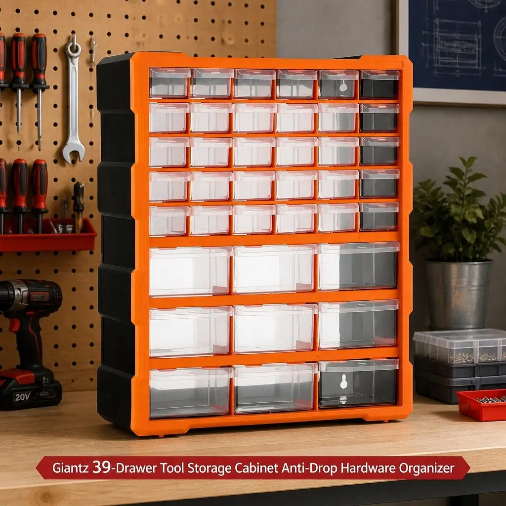 39-Drawer Tool Storage Cabinet Organizer Anti-Drop Transparent Drawers Black with Orange Accents