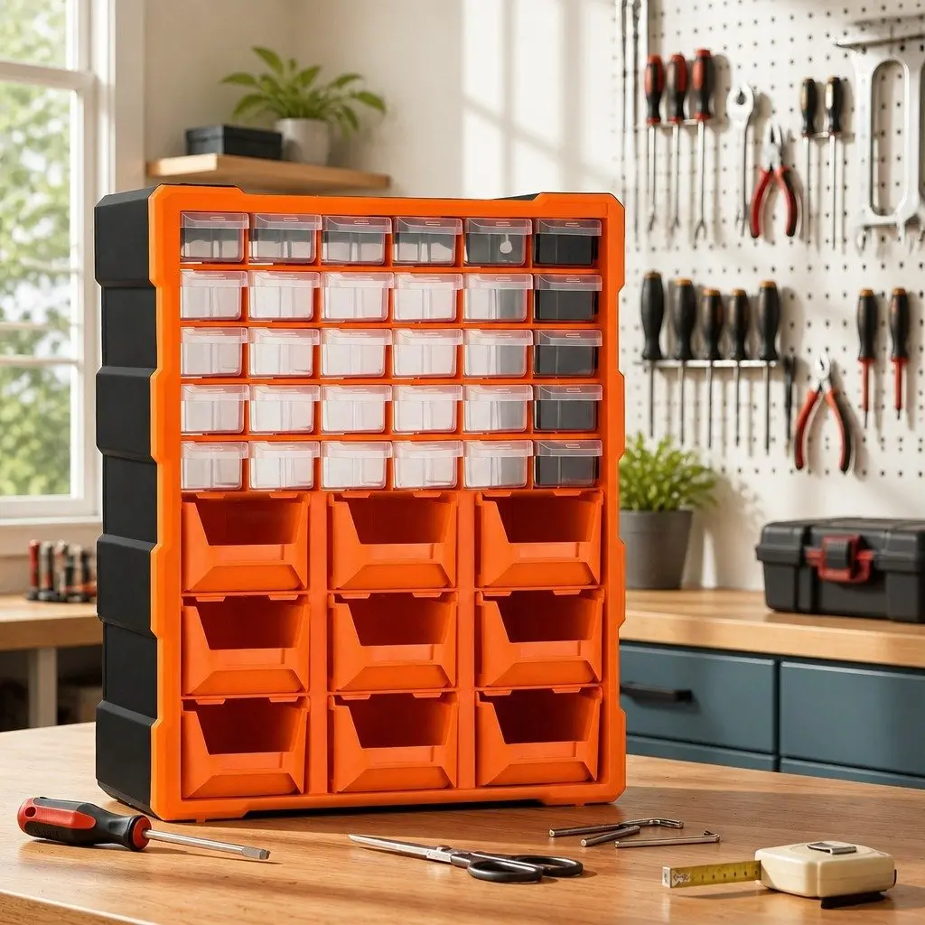 Tool Organizer Multi-Compartment 39-Drawer Storage Cabinet Black Frame with Clear and Orange Drawers