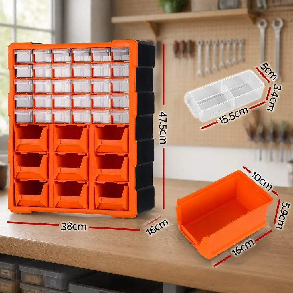 Tool Organizer Multi-Compartment 39-Drawer Storage Cabinet Black Frame with Clear and Orange Drawers