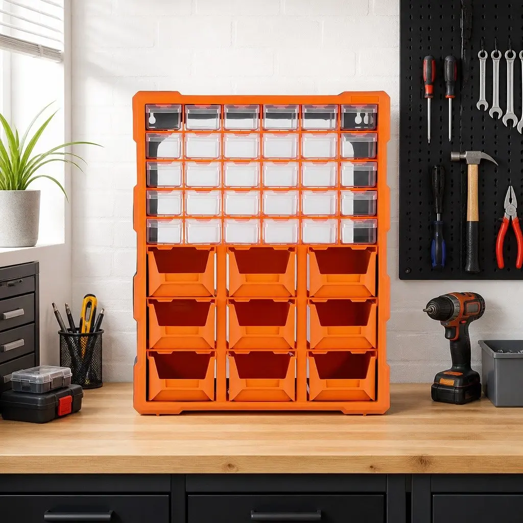 Tool Organizer Multi-Compartment 39-Drawer Storage Cabinet Black Frame with Clear and Orange Drawers