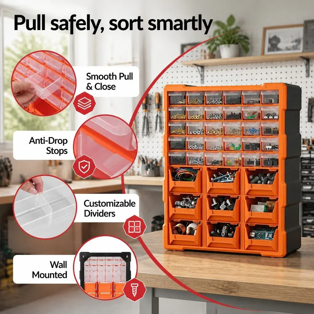 Tool Organizer Multi-Compartment 39-Drawer Storage Cabinet Black Frame with Clear and Orange Drawers