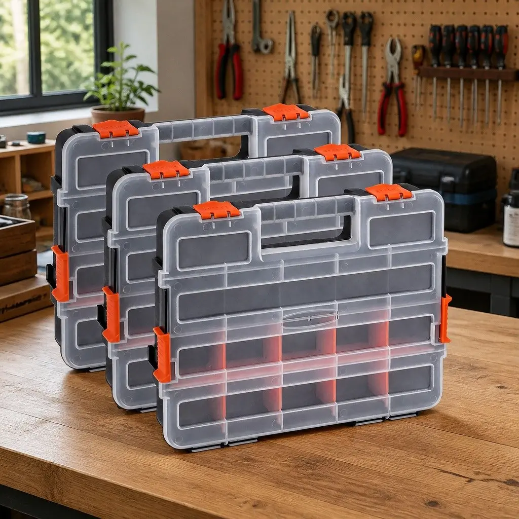 Tool Box Organizer 3 Pack Small Parts Storage Boxes with Latches 17 Compartments Heavy Duty Polypropylene Black and Orange