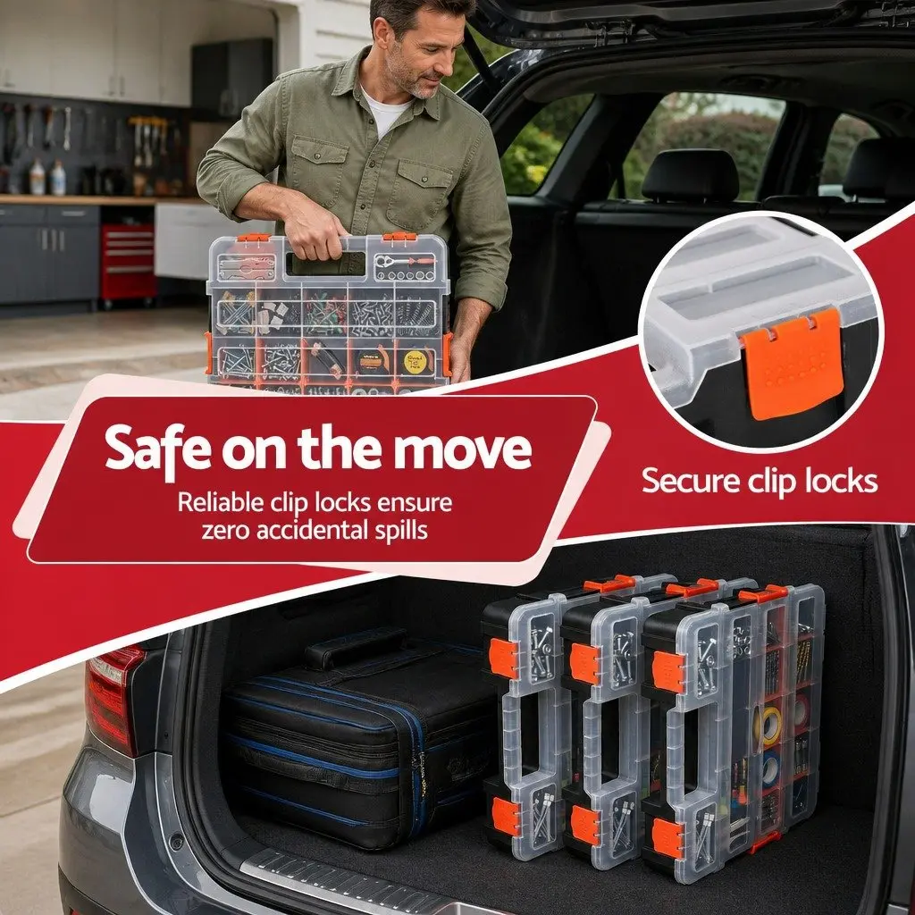 Tool Box Organizer 3 Pack Small Parts Storage Boxes with Latches 17 Compartments Heavy Duty Polypropylene Black and Orange