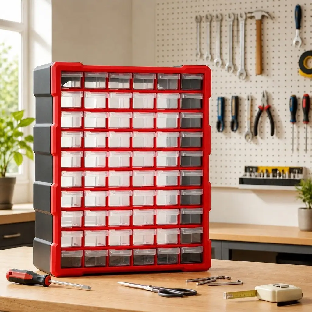 60-Drawer Tool Storage Cabinet Wall-Mount Stackable High-Visibility Orange Drawers Impact-Resistant Polypropylene Heavy-Duty Black Frame