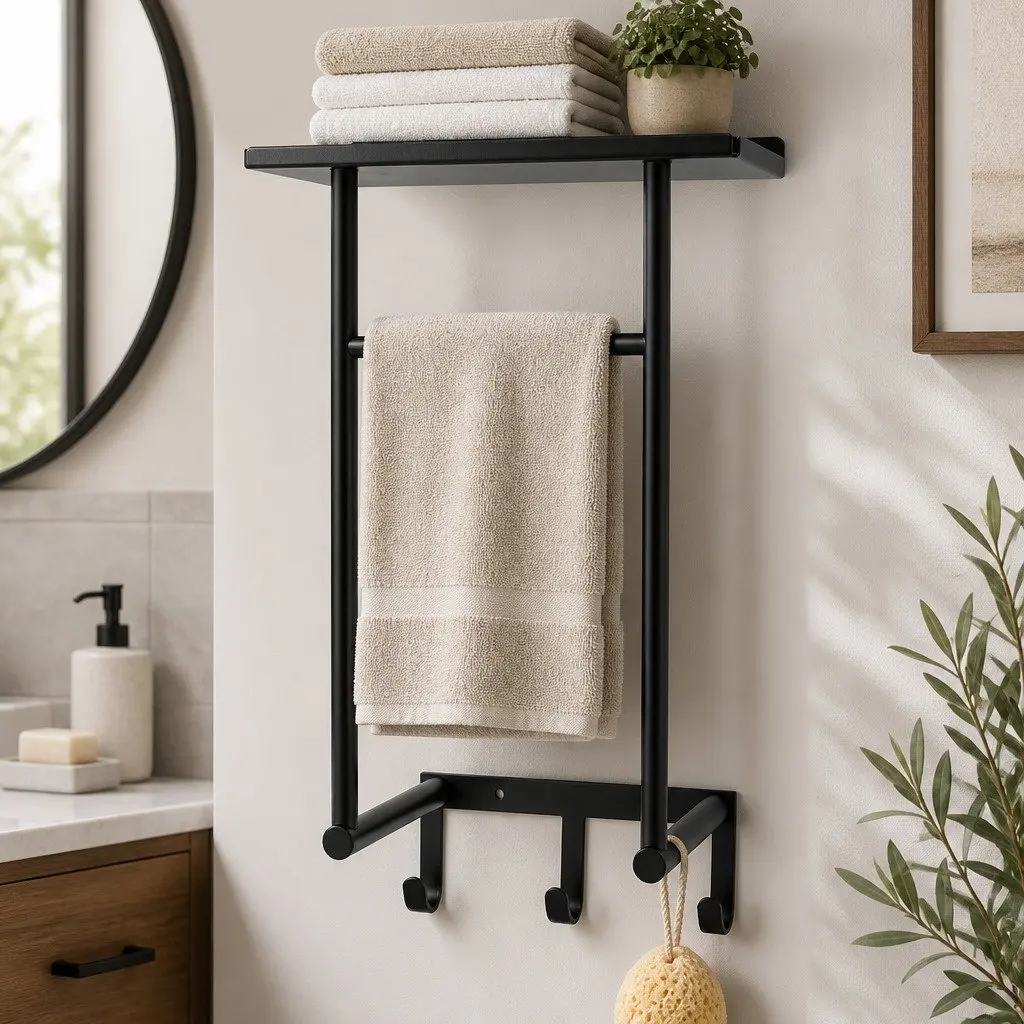 Wall Mounted Towel Rack 3 Hooks Bathroom Storage Organizer Shelf Holder