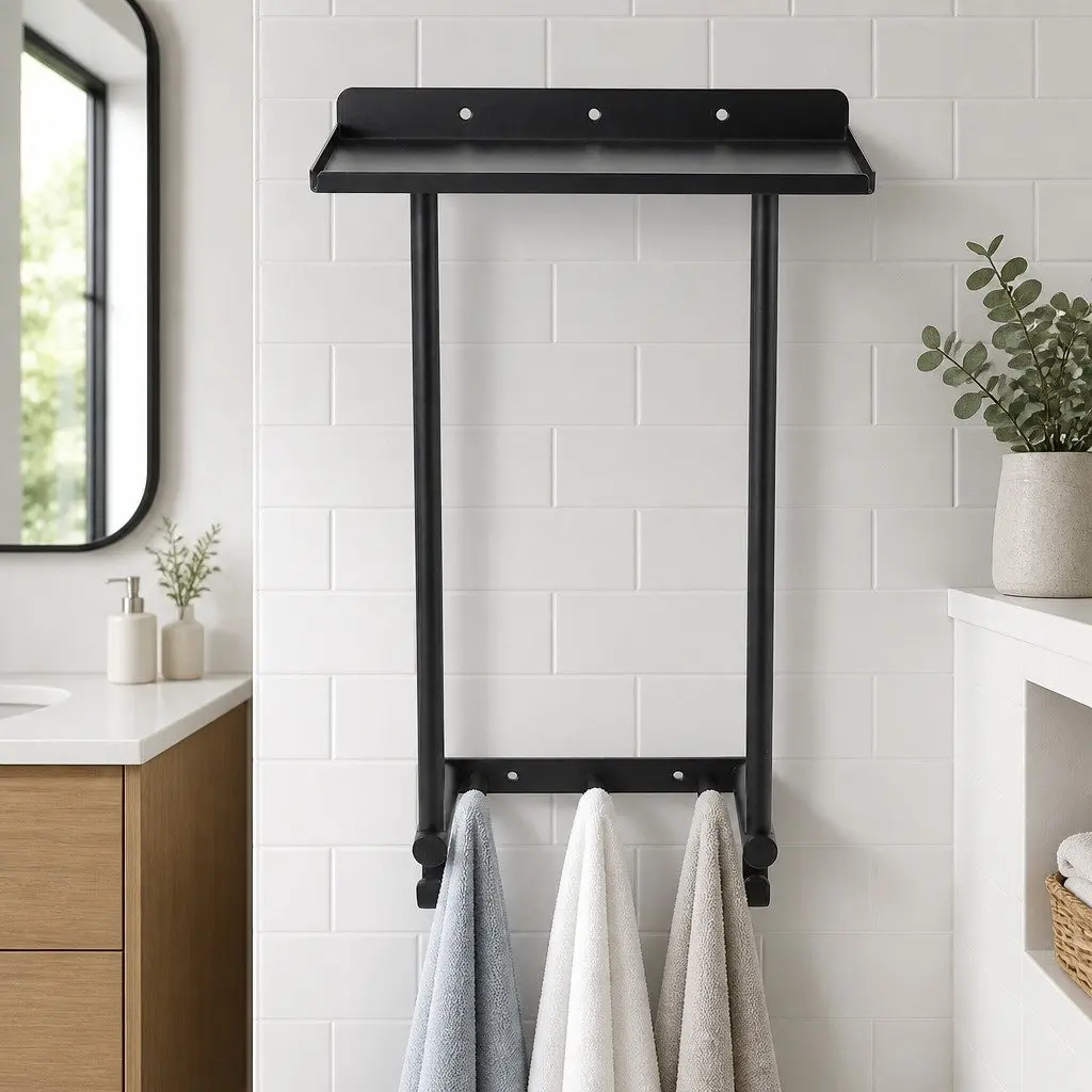Wall Mounted Towel Rack Space Saving Organizer with Shelf and 3 Hooks Carbon Steel Black