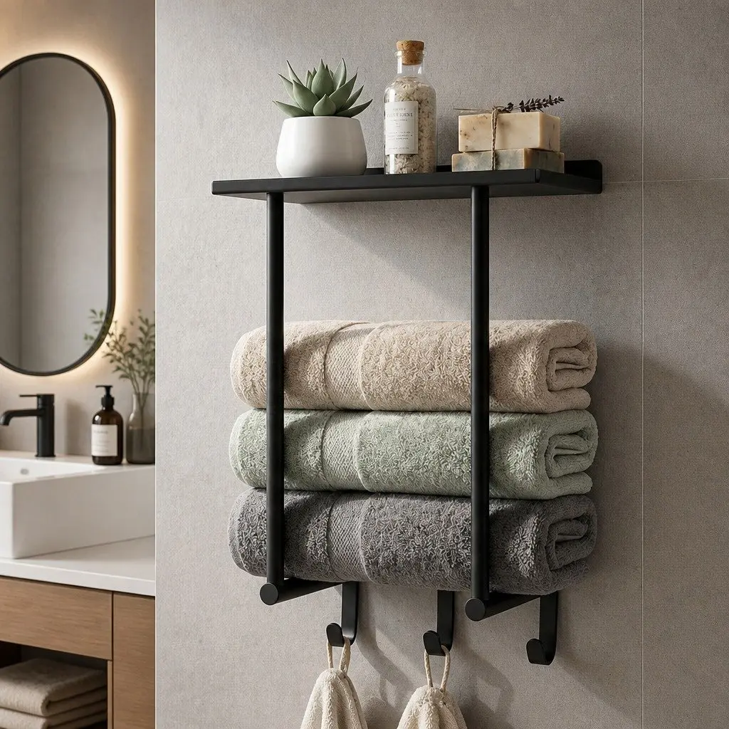 Wall Mounted Towel Rack Space Saving Organizer with Shelf and 3 Hooks Carbon Steel Black