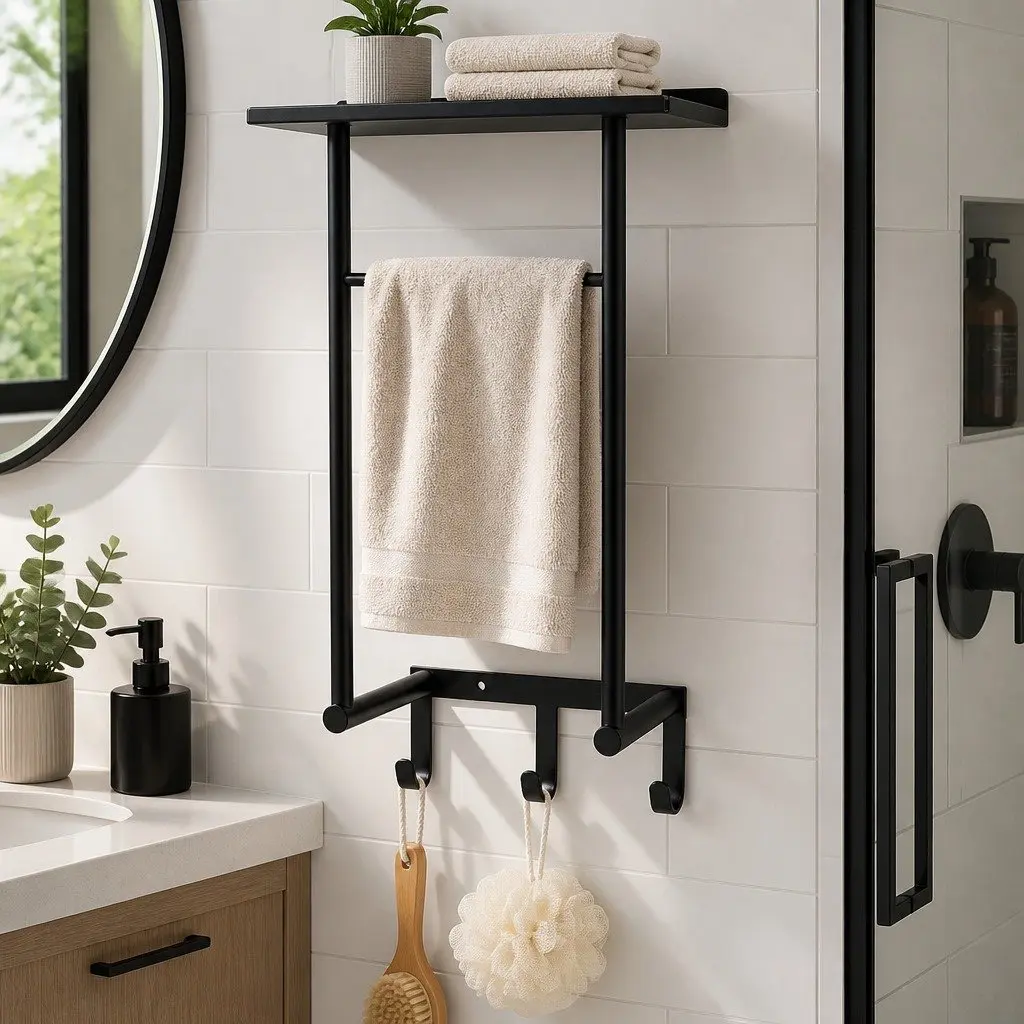 Wall Mounted Towel Rack Space Saving Organizer with Shelf and 3 Hooks Carbon Steel Black