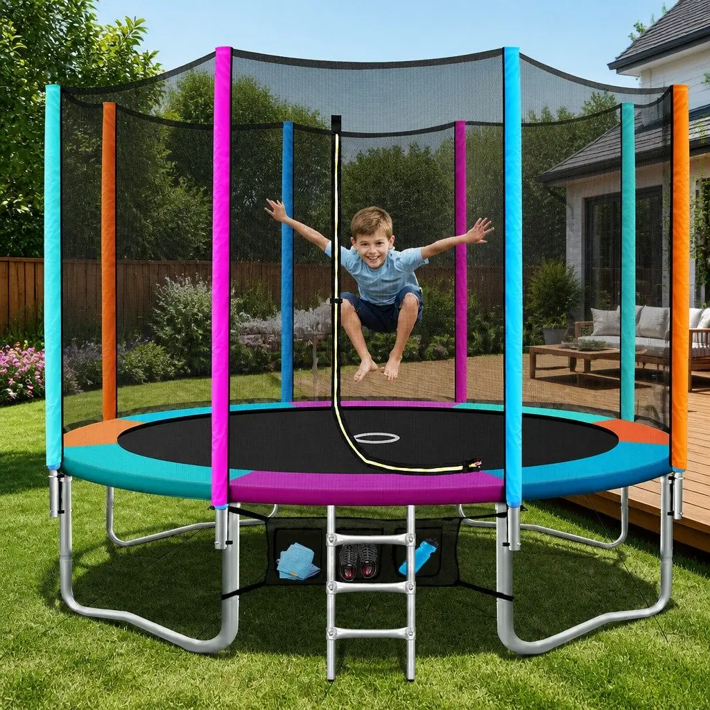 12FT Trampoline with Safety Net Enclosure and Ladder Round Rainbow Bouncer