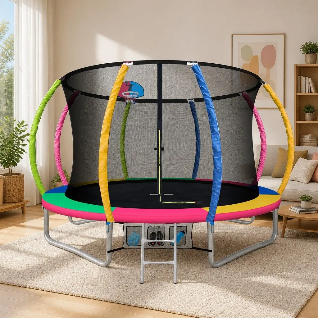 Kids Trampoline 10FT Outdoor Rebounder with Safety Enclosure Net and Integrated Ladder Multi-coloured