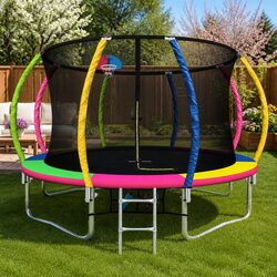 12ft Trampoline Rebounder with Safety Net Basketball Hoop Kids Outdoor Bounce