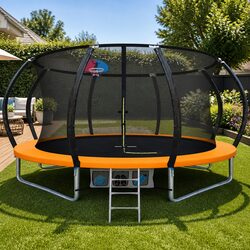12FT Trampoline for Kids w/ Safety Enclosure Net Ladder Basketball Rebounder