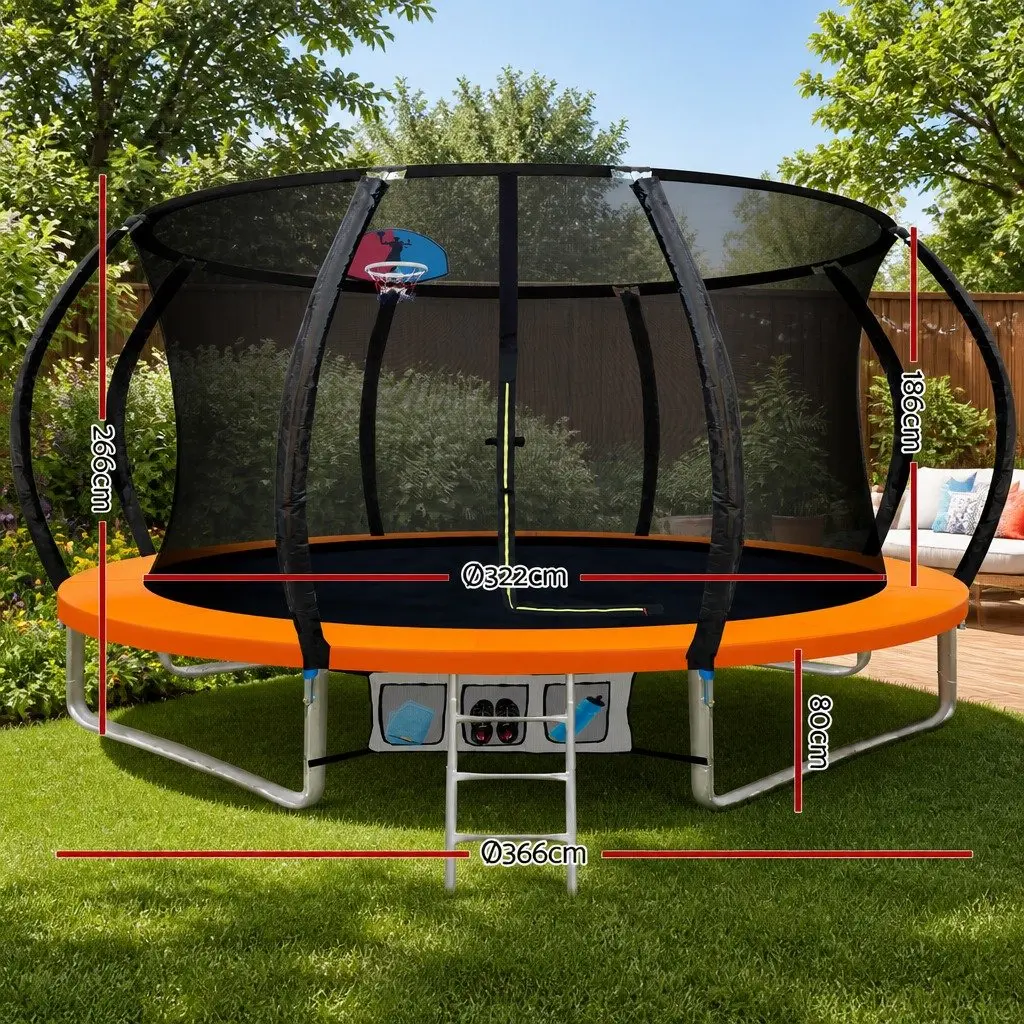 12FT Trampoline with Safety Enclosure Net Ladder and Basketball Hoop for Kids