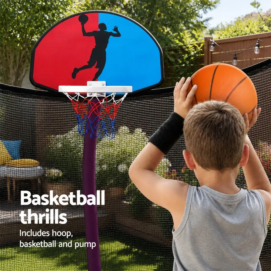 12FT Trampoline with Safety Enclosure Net Ladder and Basketball Hoop for Kids