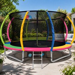 14ft Trampoline with Safety Net Basketball Hoop Ladder Backyard Rebounder Kids