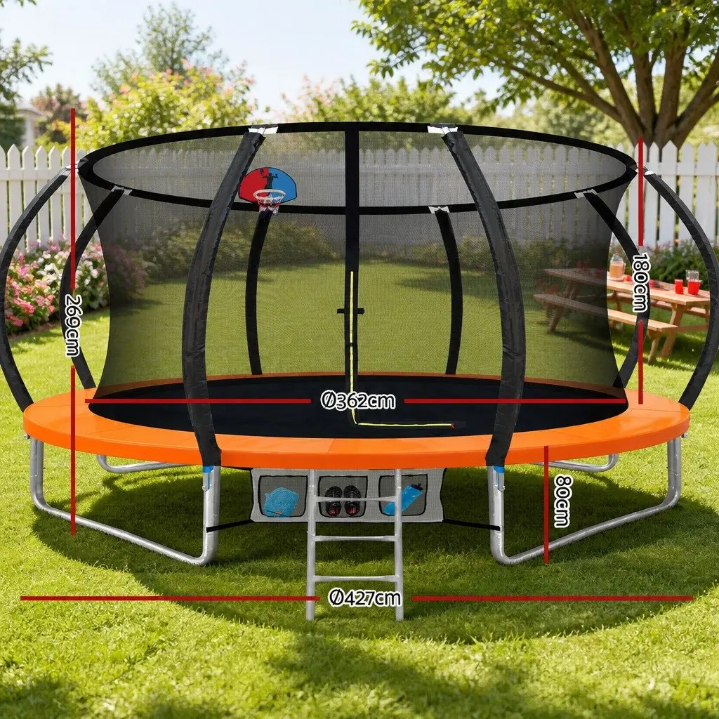 14ft Trampoline Rebounder with Basketball Hoop Safety Netting Orange