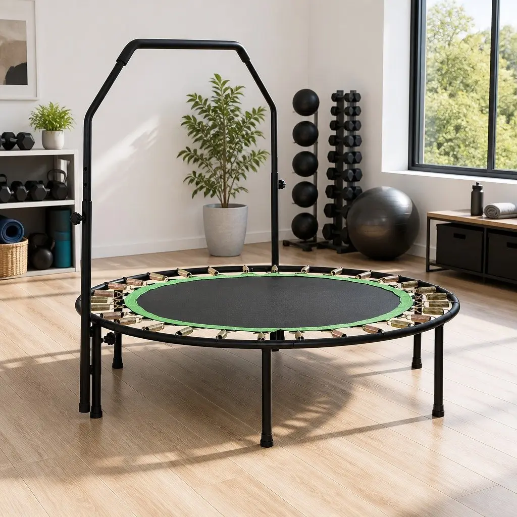 Round Fitness Trampoline 48 Inch Rebounder Adjustable Handrail Home Gym Exercise