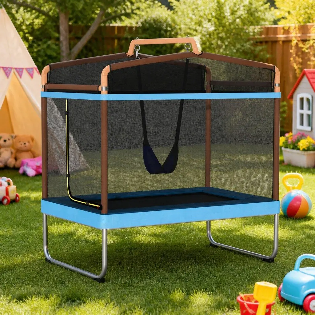 6FT Kids Rectangle Trampoline with Swing Enclosure Safety Net UV Resistant Jumping Mat