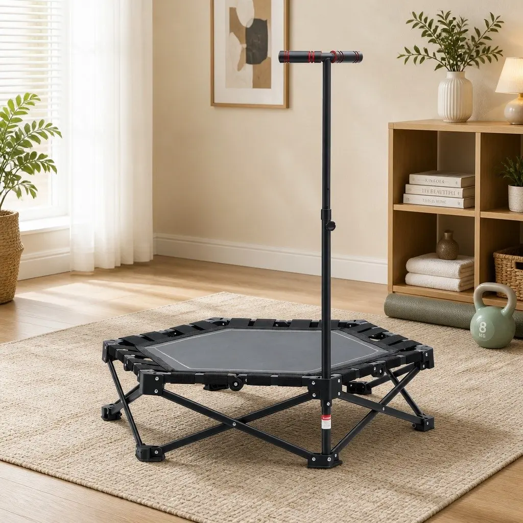 Fitness Trampoline Foldable 42 Inch Adjustable Handrail Indoor Black