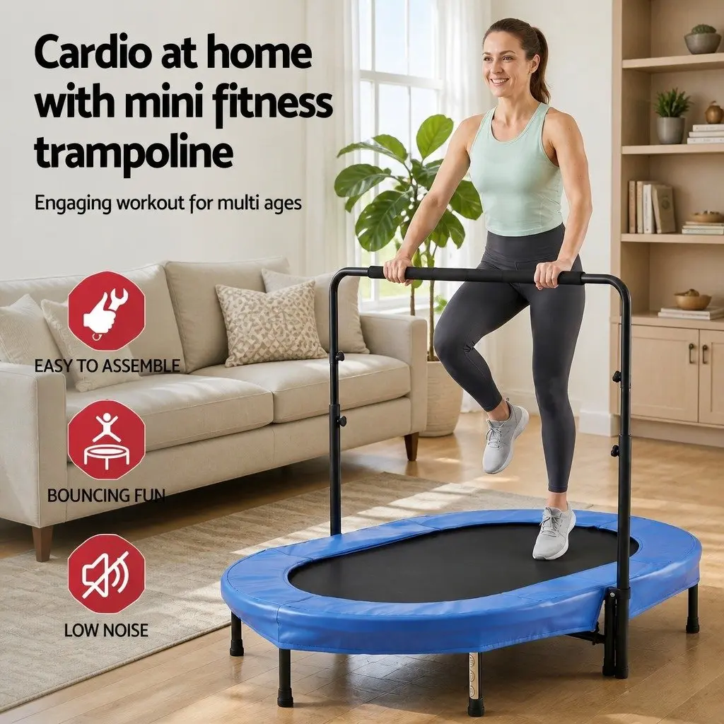 56 Inch Fitness Trampoline Indoor Rebounder Adjustable Handrail Blue Steel Frame