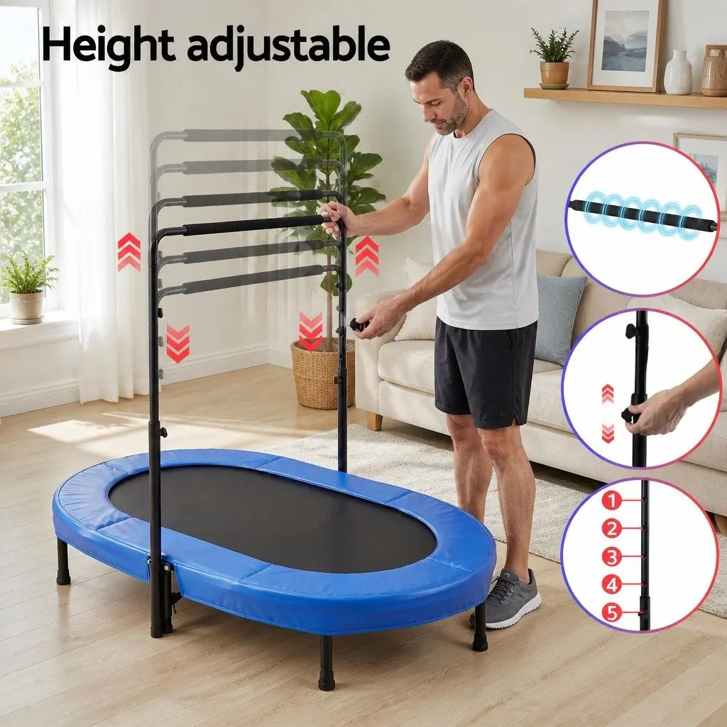 56 Inch Fitness Trampoline Indoor Rebounder Adjustable Handrail Blue Steel Frame