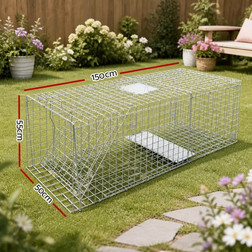 Large Humane Animal Trap Cage Collapsible 150x50cm Silver