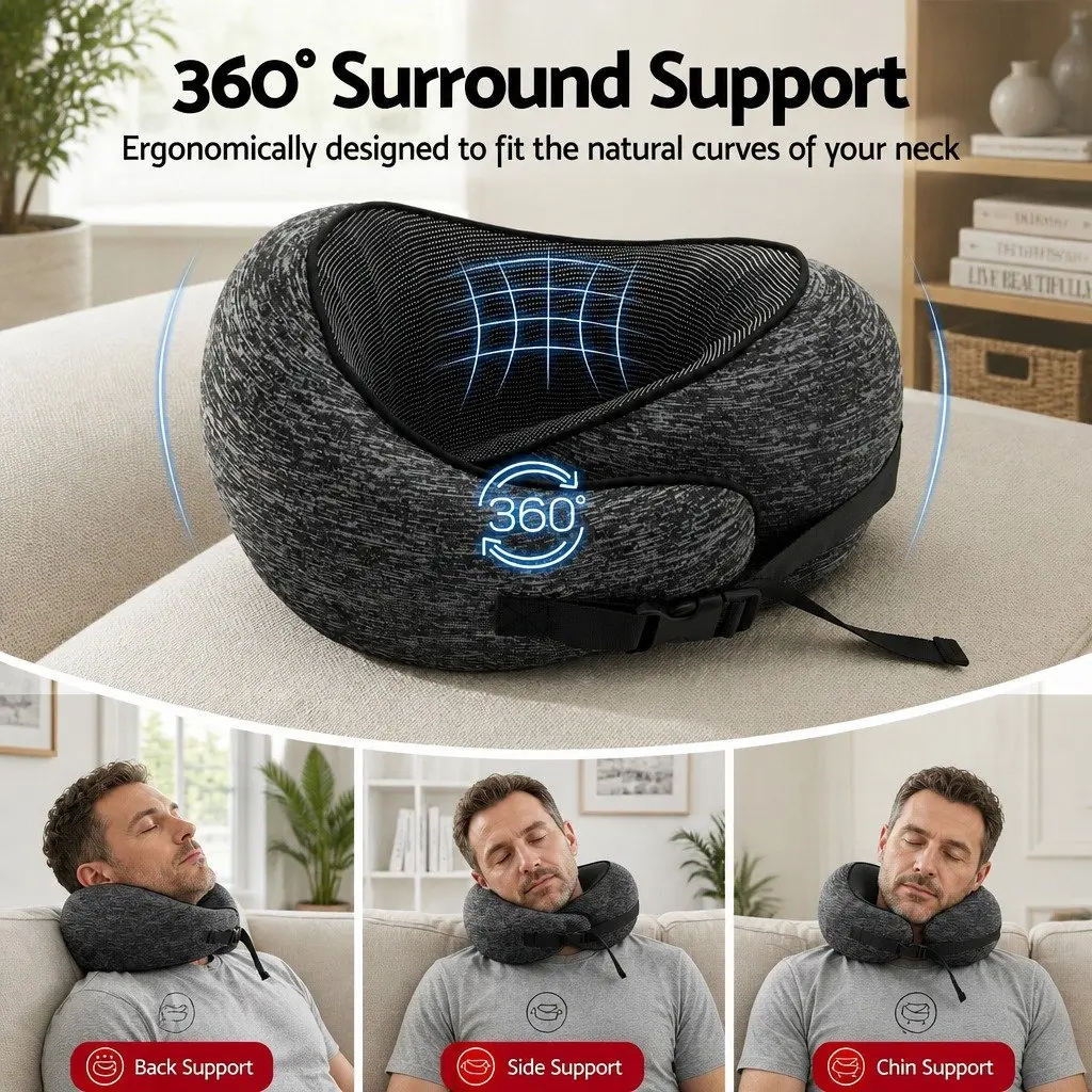 Travel Neck Pillow Memory Foam Ergonomic Support Grey