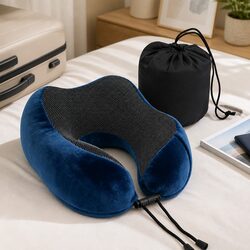 Travel Neck Pillow Memory Foam Blue Portable Airplane Pillow with Storage Bag