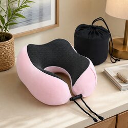 Travel Neck Pillow Memory Foam Portable Airplane Pillow with Storage Bag Pink