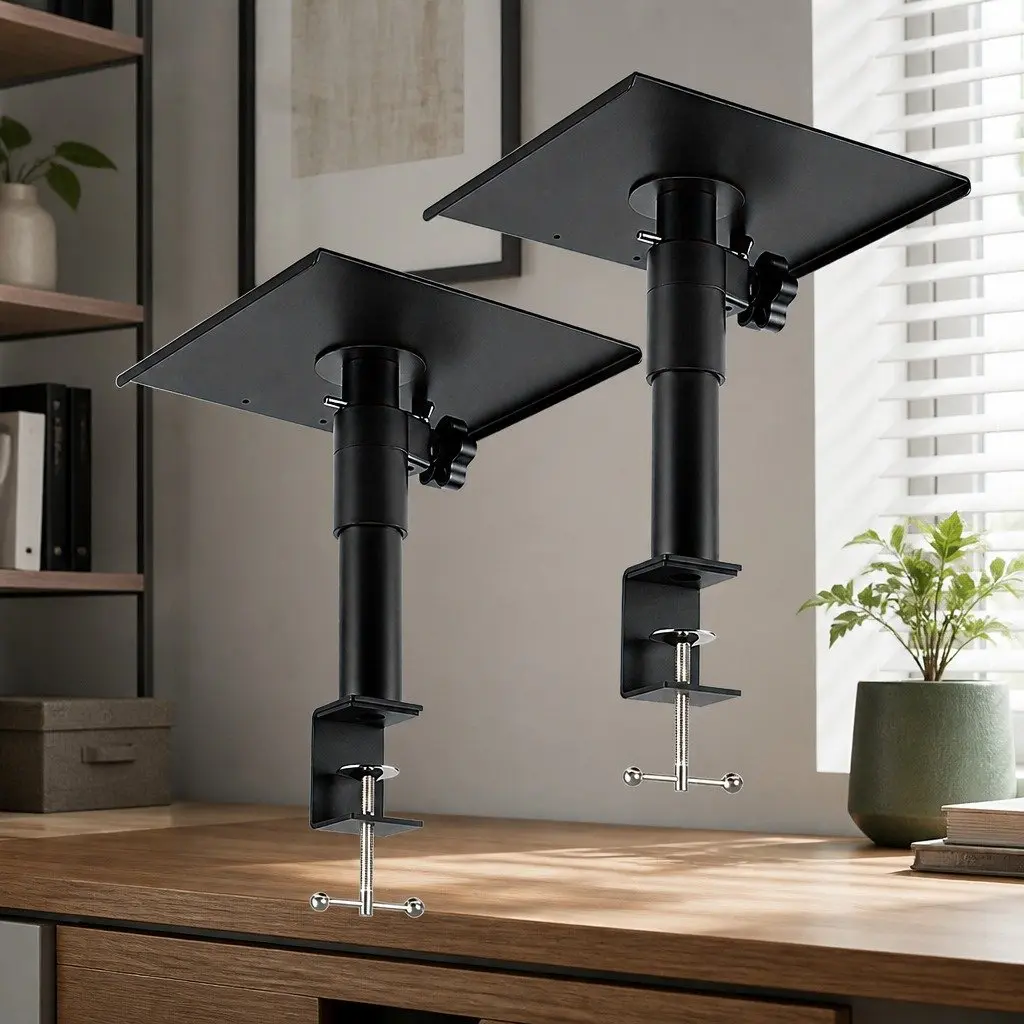 Desk Clamp Speaker Stands Adjustable Height 23-35cm Black Iron Construction