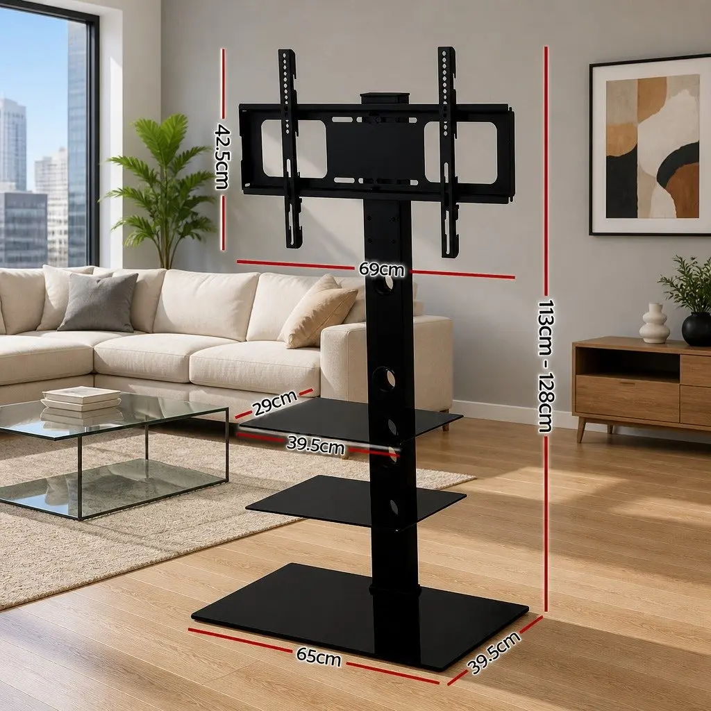 TV Stand Mount Bracket 32 to 70 Inch LED LCD Floor Display Black Tempered Glass Storage Shelf