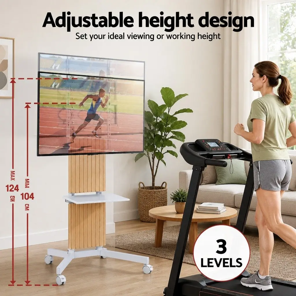 Mobile TV Floor Stand Adjustable Height for 32 to 65 Inch TVs with Lockable Wheels and MDF Tray in White or Oak