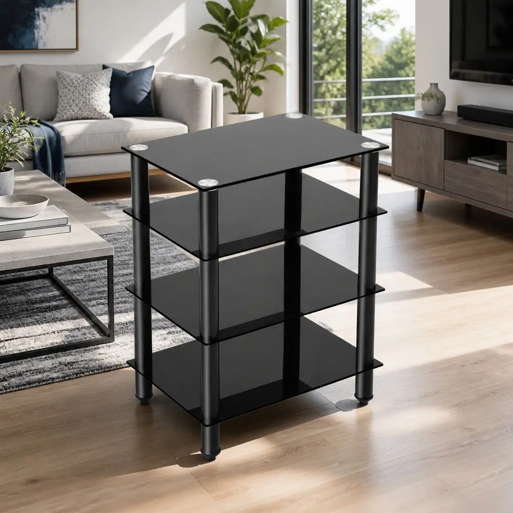 TV Stand 4 Tier Black Glass Shelves Media Storage Entertainment Rack Unit