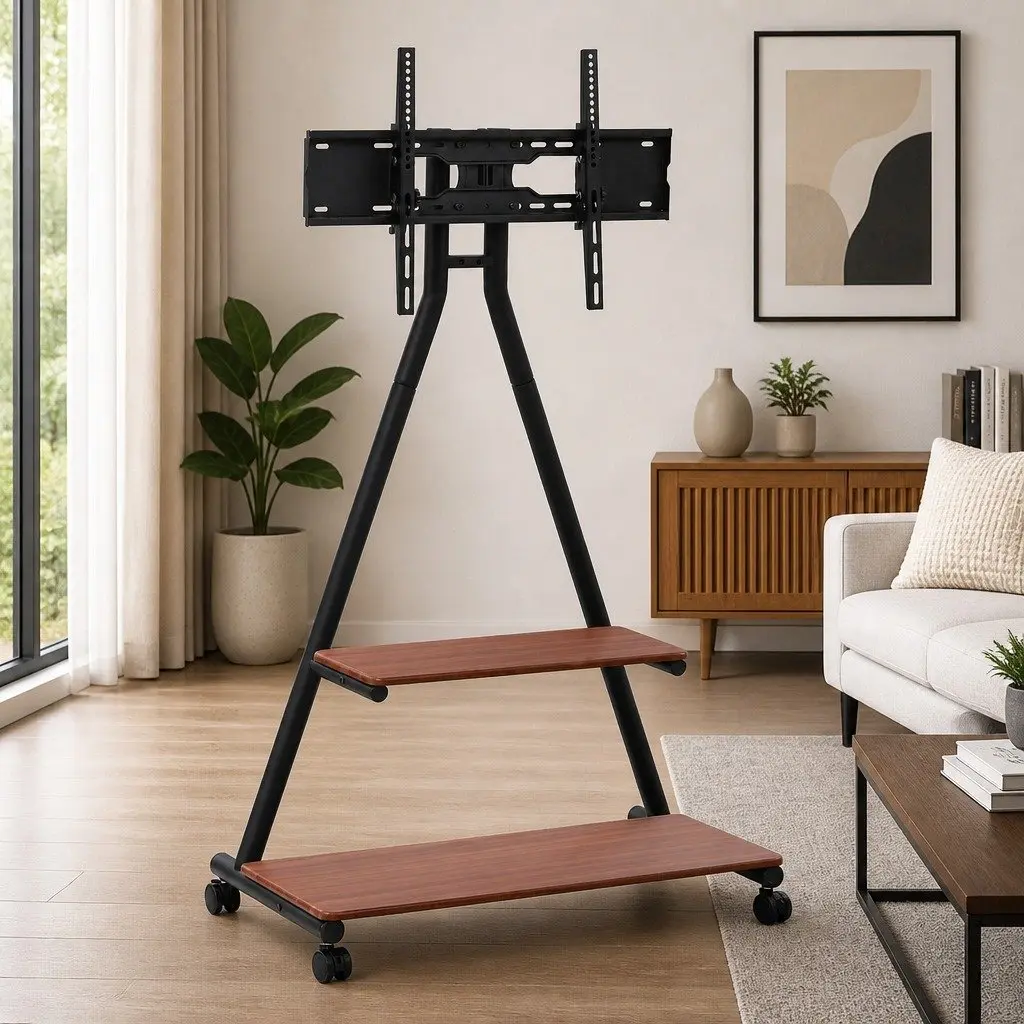Mobile TV Stand Heavy Duty Steel Frame 32-75 Inch Adjustable Tilt Swivel Black Walnut